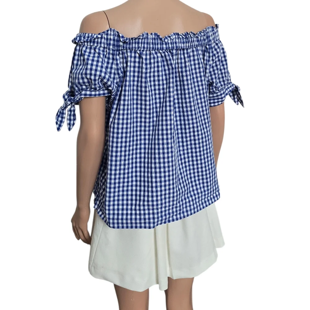 J.Crew Off the Shoulder Top in Gingham Blue Sapphire White Cotton Tie Knots